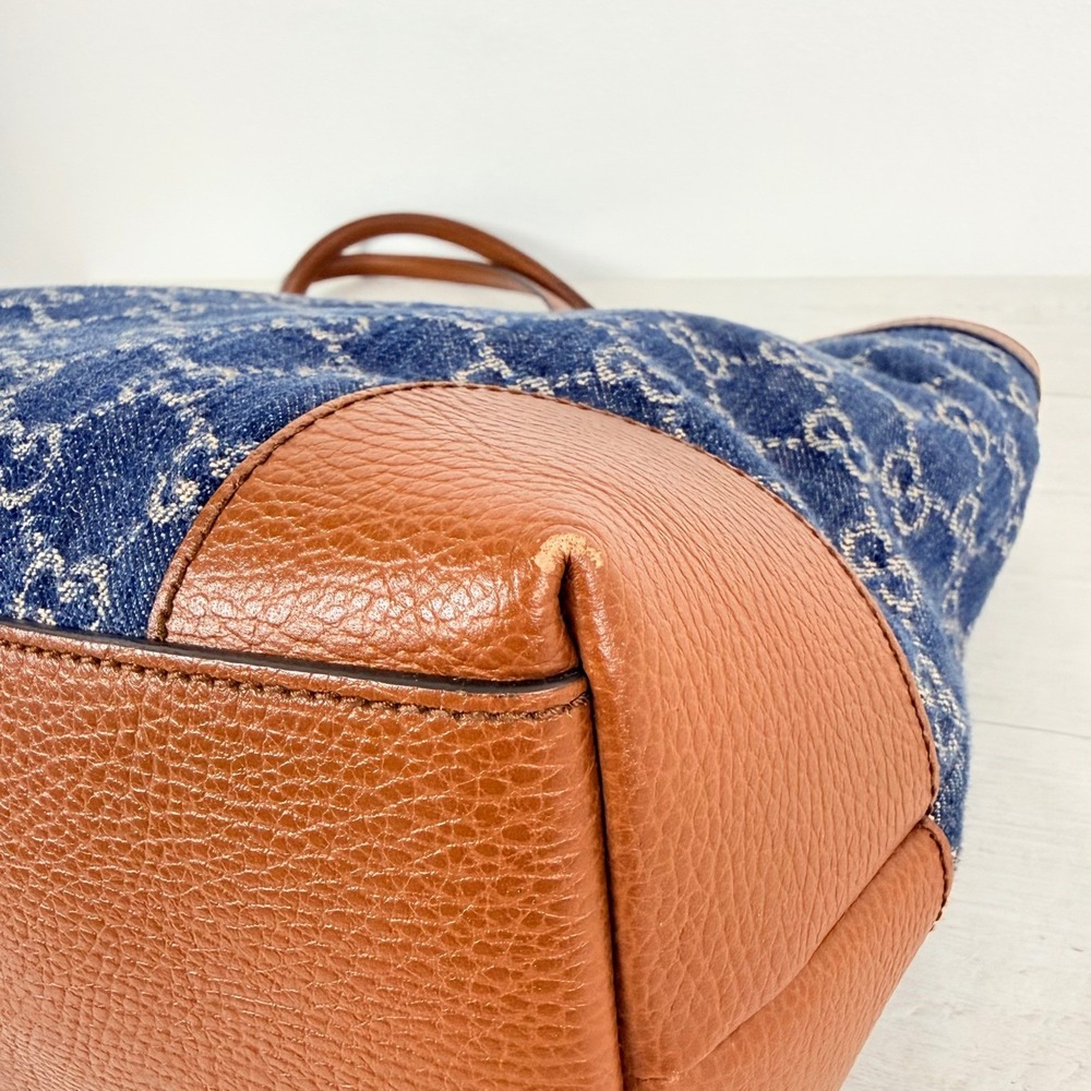 Gucci GG Monogram Denim Tote Bag Medium Blue Brown Leather Trim Tea Cuir - Picture 8 of 16
